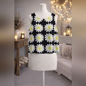 💚Topshop Bold Daisy Print Top Black White Floral Sleeveless Retro Y2K